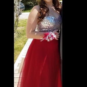 Sliver and red floor length STRAPLESS prom dress.